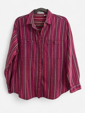 Vintage Gitano Aztec Embroidery Striped Pink Western Boho Button-Up Shirt